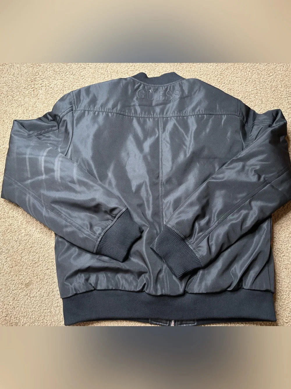 GUESS Men's Black Bomber Jacket with Silver Zippers